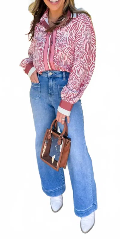 Joy Joy Long Sleeve Blouse In Maroon Zebra In Pink