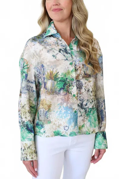 Joy Joy Long Sleeve Button Front Blouse In Forest In Animal Print