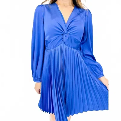 Joy Joy Long Sleeve Twist Pleated Dress In Royal Blue