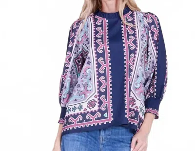 Joy Joy Mosaic High-neck Blouse In Blue Hues In Multi