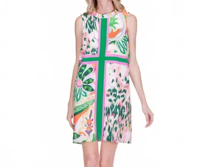 Joy Joy Patchwork Modern Flora Garden Mini Dress In Pink/green In Multi