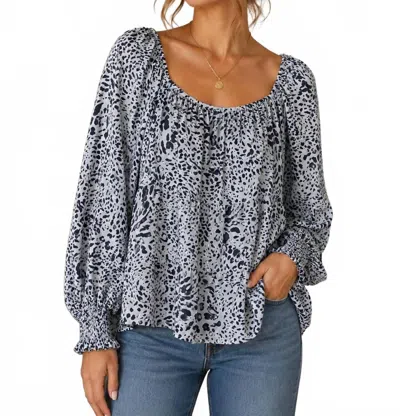 Joy Joy Peasant Blouse In Twig Blue Cheetah