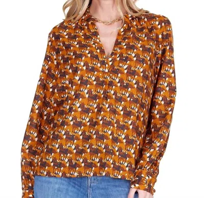 Joy Joy Placket V Neck Long Sleeve Top In Stampede In Multi