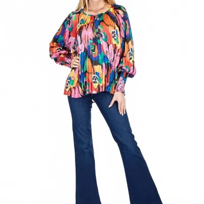 Joy Joy Pleated Bishop Sleeve Top In Bloom In Multi