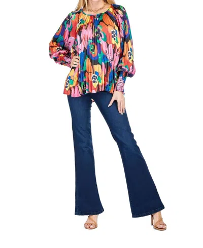 Joy Joy Pleated Bishop Sleeve Top In Blooming Art In Multi