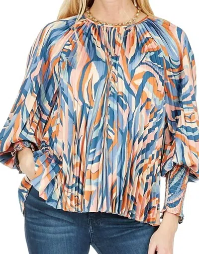 Joy Joy Pleated Bishop Sleeve Top In Wavy Boho In Multi