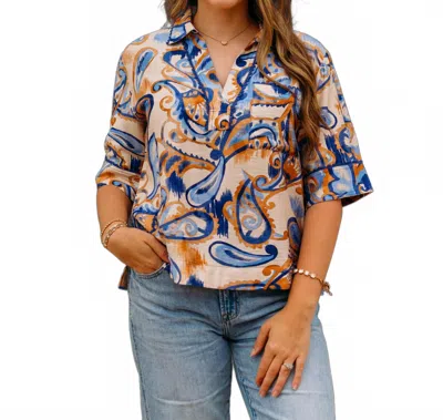Joy Joy Pocket Overshirt Top In Golden Blue Paisley In Animal Print