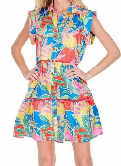 Joy Joy Pocket Tiered Shirt Dress In Multi Ferns In Blue