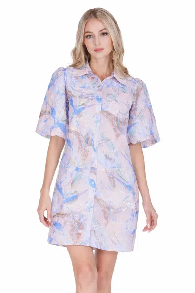 Joy Joy Puff Sleeve Fitted Shirt Mini Dress In Vintage Mist Eyelet In Multi