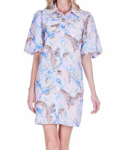 Joy Joy Puff Sleeve Fitted Shirtdress In Vintage Mist Eyelet In Purple