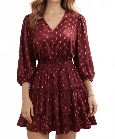 Joy Joy Puff Sleeves V-neck Print Dress In Wine In Brown