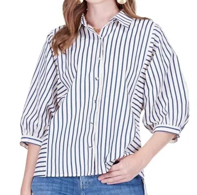 Joy Joy Relaxed Batwing Blouse In Blue And Ivory Vertical Stripe In White