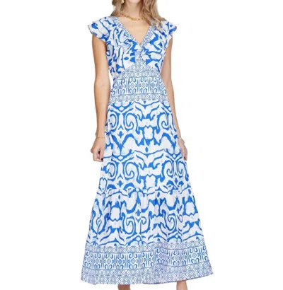 Joy Joy Ruched V Neck Ruffle Maxi Dress In Oceanic Border In Green