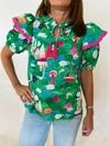Joy Joy Ruffle Mock Neck Heather Top In Green In Green