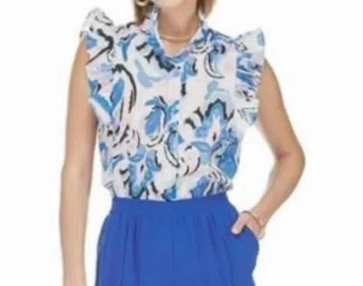 Joy Joy Ruffles Button Front Blouse In Sumpy Summer Paisley In Blue
