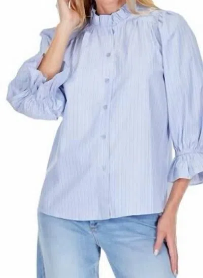 Joy Joy Ruffles Neck Blouse With Sparkle Detail In Blue Stripe