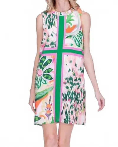 Joy Joy Ruffles Neck Mini Dress In Patchwork Garden In Multi