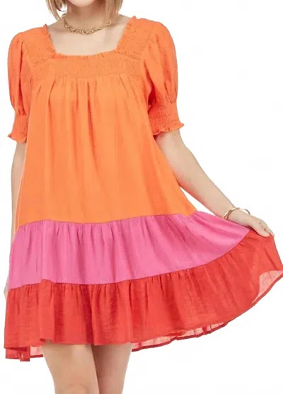 Joy Joy Smocked Colorblock Tiered Dress In Orange