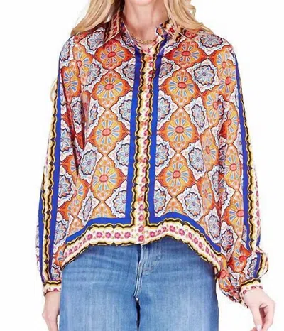 Joy Joy Spice Tiles Long Sleeve Blouse In Blue