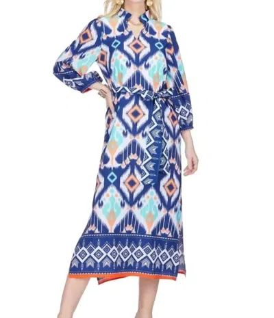 Joy Joy Split Neck Flounce Midi Dress In Aztec Border In Multi