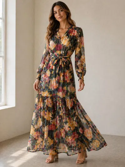 Joy Joy Split Neck Maxi Dress In Impressions In Brown