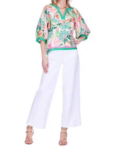 Joy Joy Stitch Trim V-neck Top In Patchwork Green In Multi