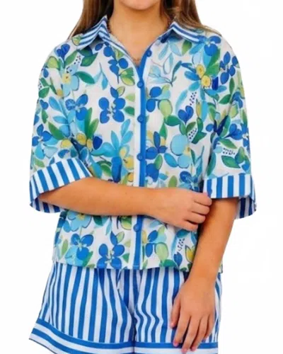 Joy Joy Stripe And Bloom Over Size Contrast Shirt In Blue In Multi