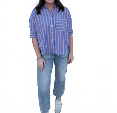 Joy Joy Stripe Button Short Sleeve Top In Blue