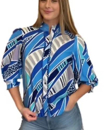 Joy Joy Trim Button Front Blouse In Blue Wave Geo