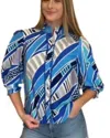 Joy Joy Trim Button Front Blouse In Blue Wave Geo In Multi