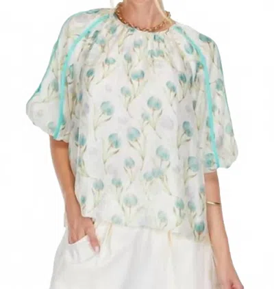 Joy Joy Trim Sleeve Top In Green Tulip In White
