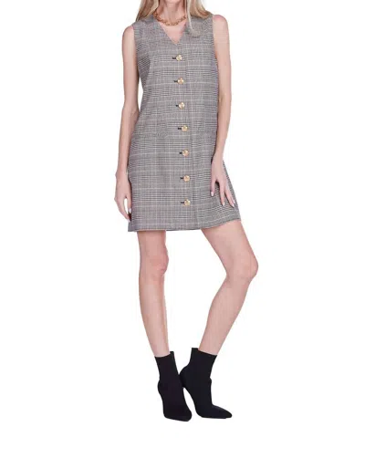 Joy Joy V Neck Buttons Fitted Dress In Plaid In Gray