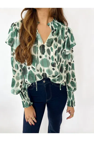 Joy Joy V-neck Long Sleeve Top In Green Globule