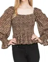 Joy Joy Velvet Smocked Blouse In Gold Cheetah In Brown