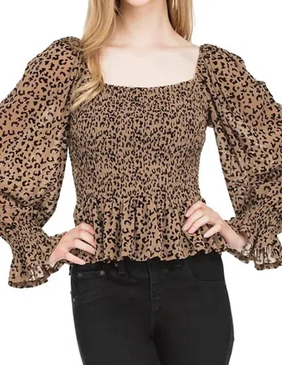 Joy Joy Velvet Smocked Blouse In Gold Cheetah In Brown
