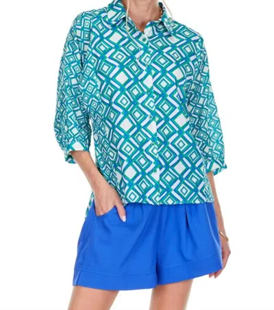 Joy Joy Women's Contrast Print Blouse In Emerald In Blue