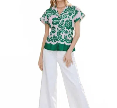 Joy Joy Women's Waist Pleated Short Top In Jade Petals In Green