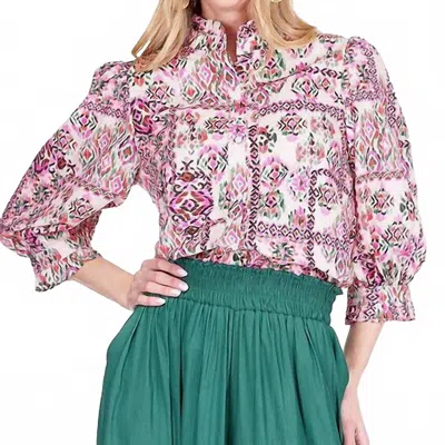 Joy Joy Woven Tapestry Ruffles Neck Blouse In Floral In Pink
