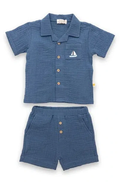 Joy Just Organic You Babies'  Organic Cotton Gauze Camp Shirt & Shorts Set In Blue Multi