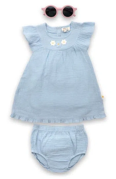 Joy Just Organic You Babies'  Organic Cotton Gauze Dress, Bloomers & Sunglasses Set In Blue