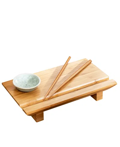 Joyce Chen 3pc Burnished Real Bamboo Sushi Board Set. 3pc Set Includes A Real Bamboo Sushi Board, Ceramic Soy S In Orange