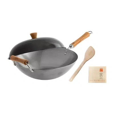Joyce Chen Carbon Steel Uncoated Wok Set In Silver