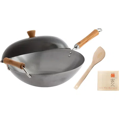 Joyce Chen Uncoated Carbon Steel Flat Bottom Wok Set With Lid And Birch Handles, 4 Pieces In Silver