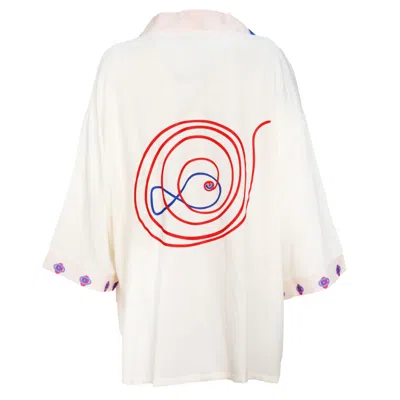 Joy-es Women's White Spiral Fish Premium Cotton Kimono