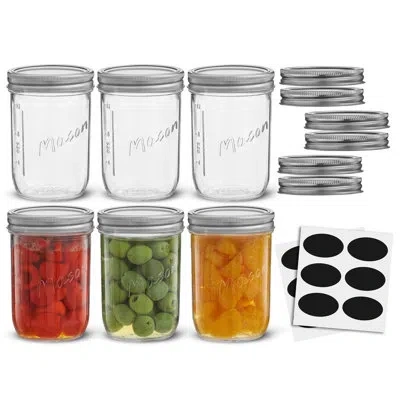 Joyjolt Brightware Wide-mouth Mason Jars With Airtight Lids, Labels, And Measures – 16 oz – Set Of 6 In Clear