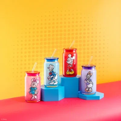 Joyjolt Disney Mickey Mouse & Friends Color Sketch Tumbler Glasses With Lids, Set Of 4 In Clear
