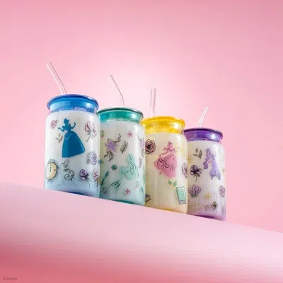 Joyjolt Disney Princess Icon Tumbler Glasses With Lids, Set Of 4 In Clear