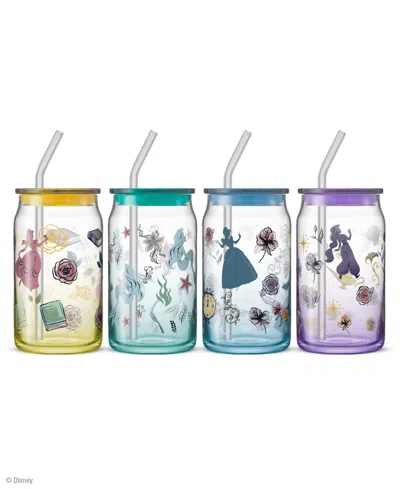 Joyjolt Disney Princess Icon Tumbler Glasses With Lids, Set Of 4 In Multicolor