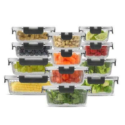 Joyjolt Fluted Glass Food Storage Containers With Leakproof Lids, Set Of 12 In Black