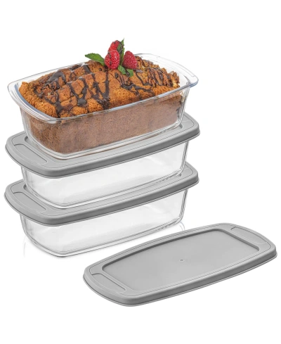 Joyjolt Glass Set Of 3 Loaf Pans With Lids In Gray